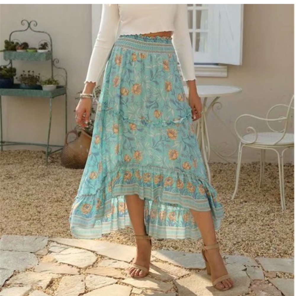 mint Boho Hippie Gypsy Floral HI LOw Maxi Dress - Picture 5 of 7